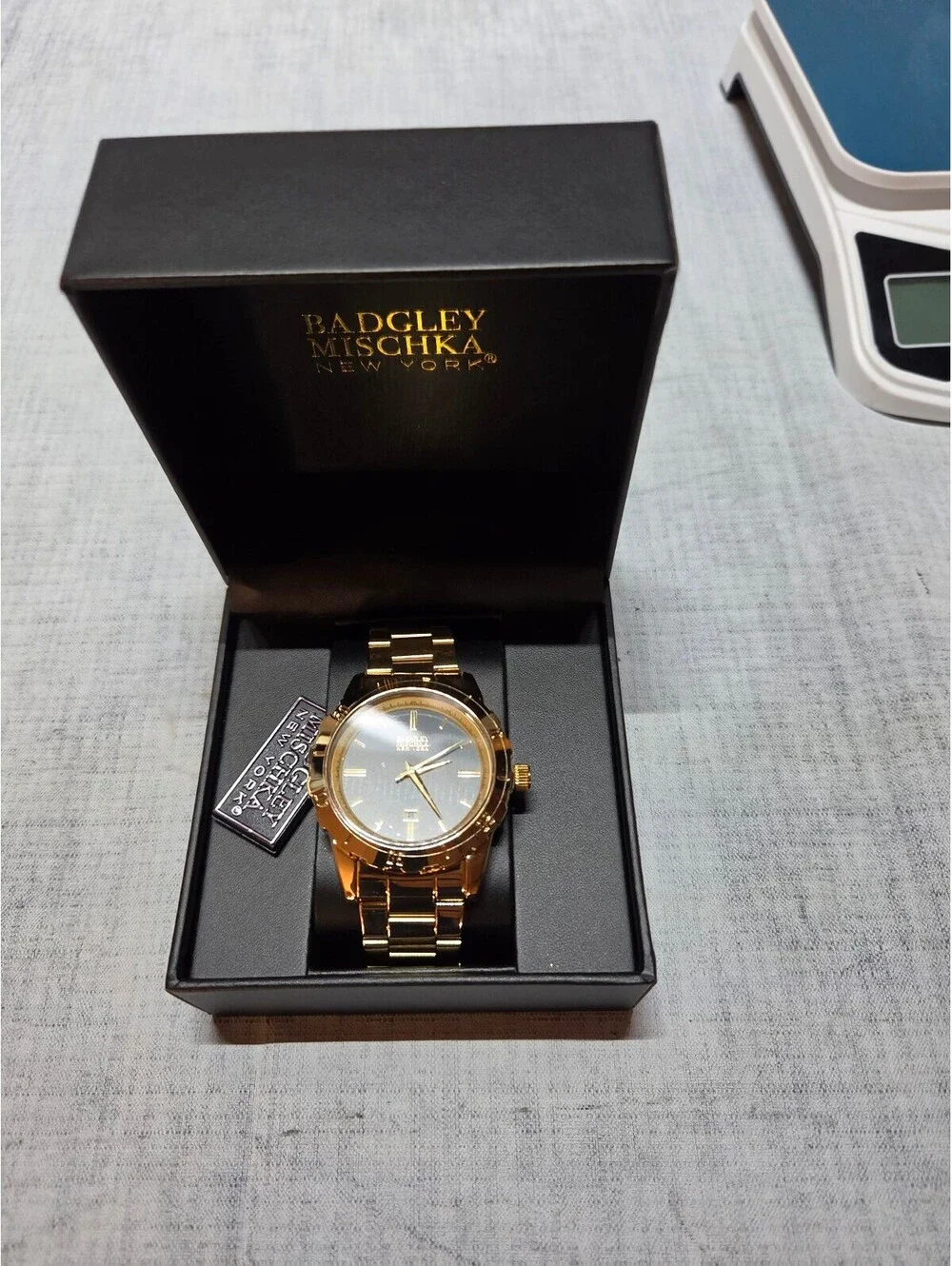 Badgley Mischka Mens Gold Tone Watch with Black Dial